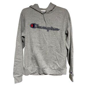 Champion Gray Hoodie With Logo Embroidery Mens Size L Cotton Blend Heavyweight